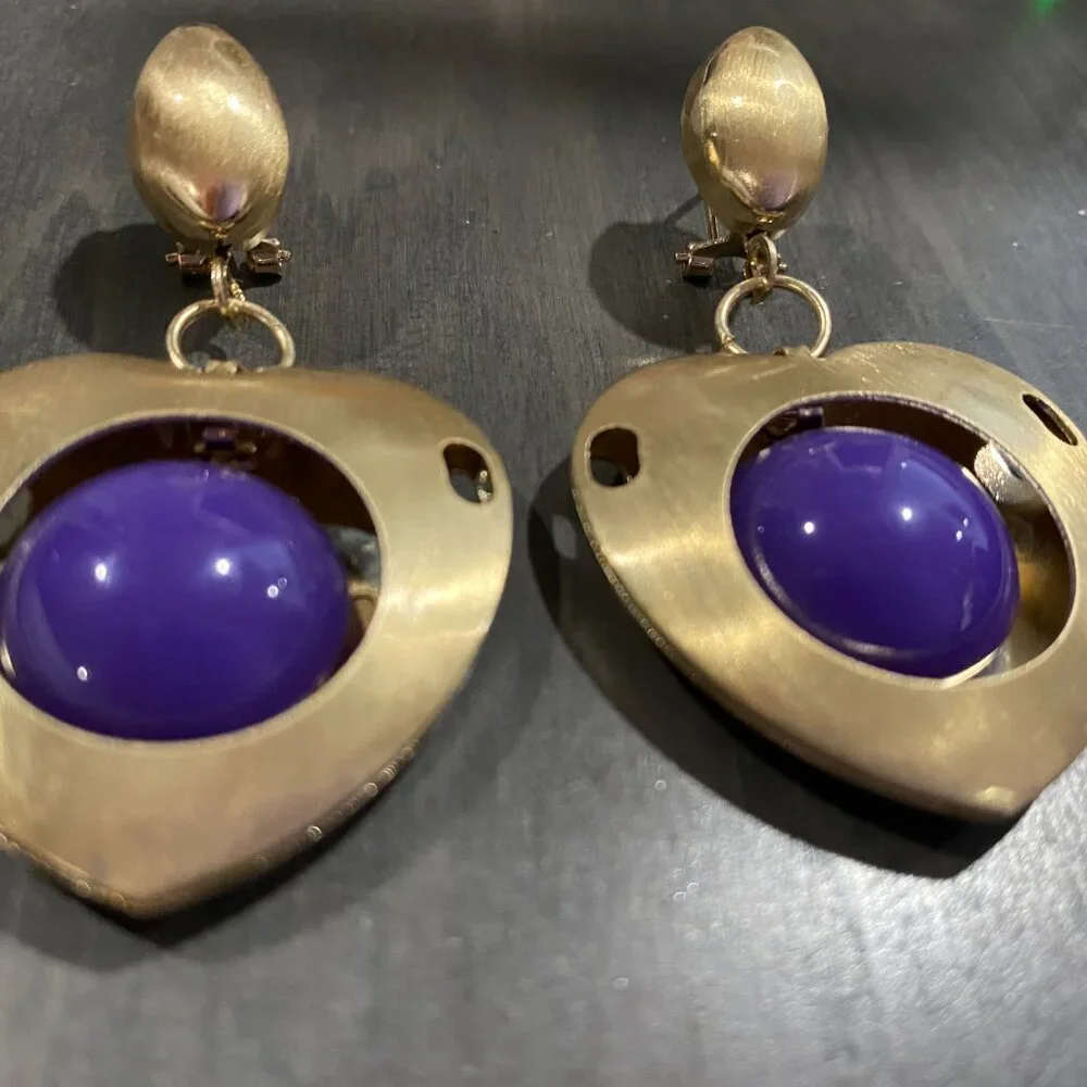 Gold Brush Metal Purple Stone Industrial Modernist Artsy Steampunk Earrings 2,5